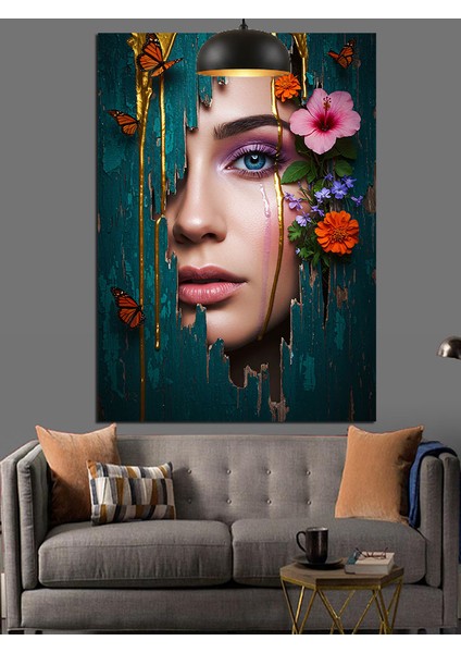 Mavi Gözlü Kadın Yüzü Çiçek Dekoratif Kanvas - Mdf Ahşap Tablo indirimleri