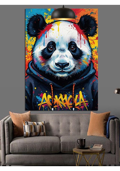 Renkli Fonda Sweatshirt Giymiş Panda Dekoratif Kanvas - Mdf Ahşap Tablo
