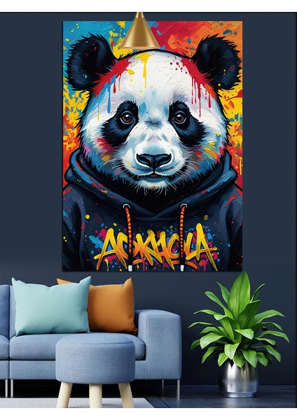 Renkli Fonda Sweatshirt Giymiş Panda Dekoratif Kanvas - Mdf Ahşap Tablo fiyatları