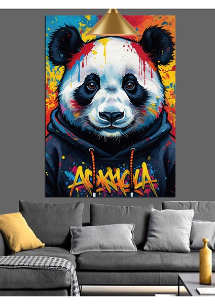 Renkli Fonda Sweatshirt Giymiş Panda Dekoratif Kanvas - Mdf Ahşap Tablo fırsatları