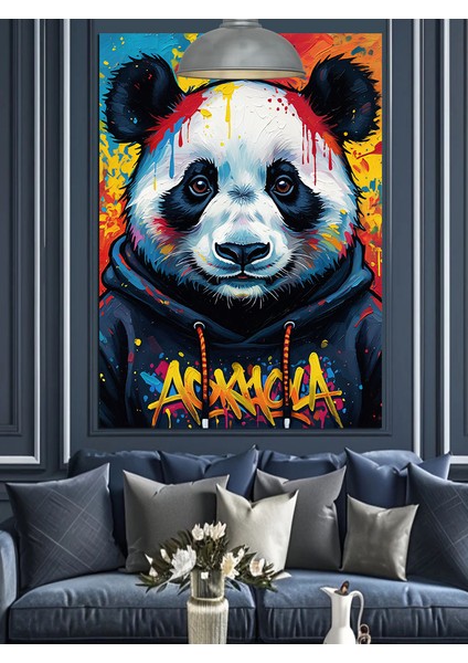 Renkli Fonda Sweatshirt Giymiş Panda Dekoratif Kanvas - Mdf Ahşap Tablo indirimleri