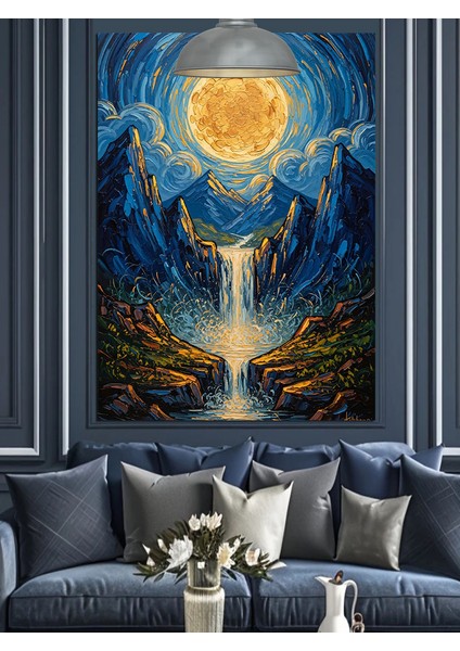 Ay ve Orman Manzarası Mavi Dekoratif Kanvas - Mdf Ahşap Tablo