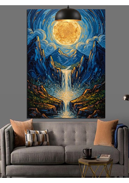Ay ve Orman Manzarası Mavi Dekoratif Kanvas - Mdf Ahşap Tablo fiyatları