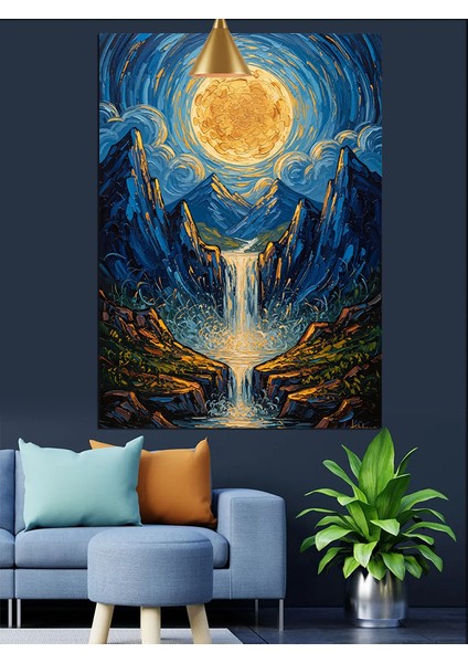 Ay ve Orman Manzarası Mavi Dekoratif Kanvas - Mdf Ahşap Tablo modelleri