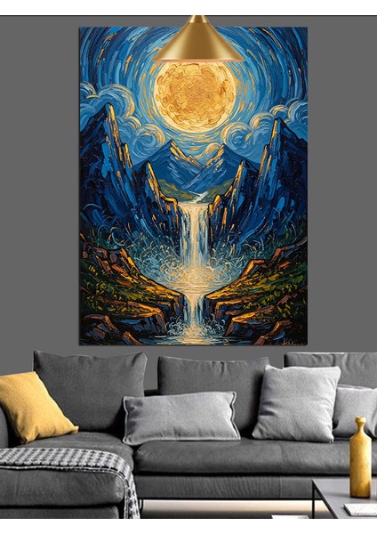 Ay ve Orman Manzarası Mavi Dekoratif Kanvas - Mdf Ahşap Tablo indirimleri