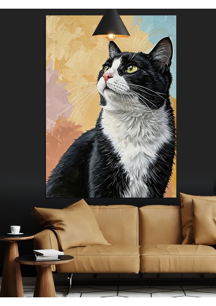 Siyah Beyaz Kedi Dikkatli Dekoratif Kanvas - Mdf Ahşap Tablo