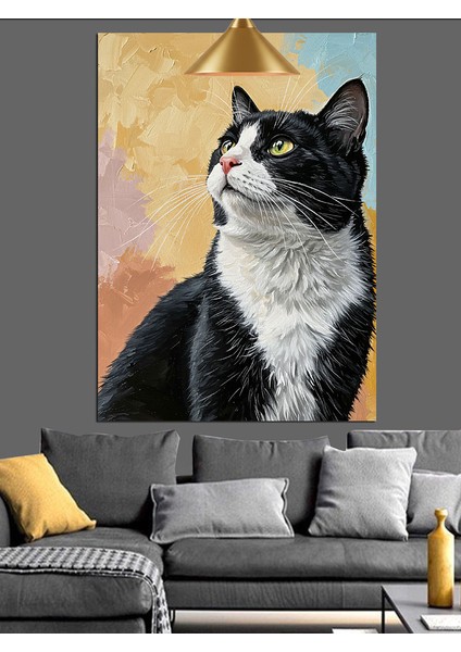 Siyah Beyaz Kedi Dikkatli Dekoratif Kanvas - Mdf Ahşap Tablo fiyatları