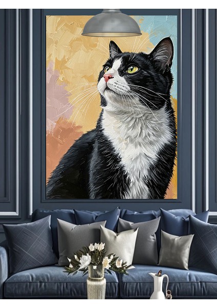 Siyah Beyaz Kedi Dikkatli Dekoratif Kanvas - Mdf Ahşap Tablo modelleri