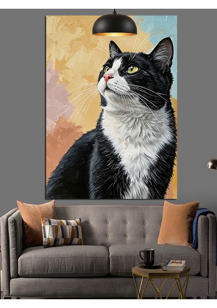 Siyah Beyaz Kedi Dikkatli Dekoratif Kanvas - Mdf Ahşap Tablo fırsatları