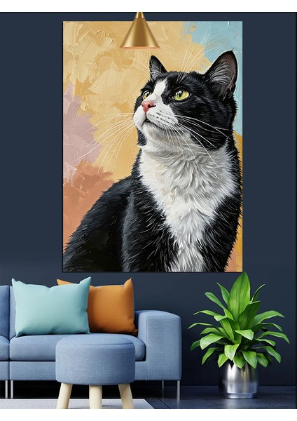 Siyah Beyaz Kedi Dikkatli Dekoratif Kanvas - Mdf Ahşap Tablo indirimleri