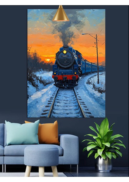 Kar,tren ,demir Yolu ve Gün Batımı Dekoratif Kanvas - Mdf Ahşap Tablo
