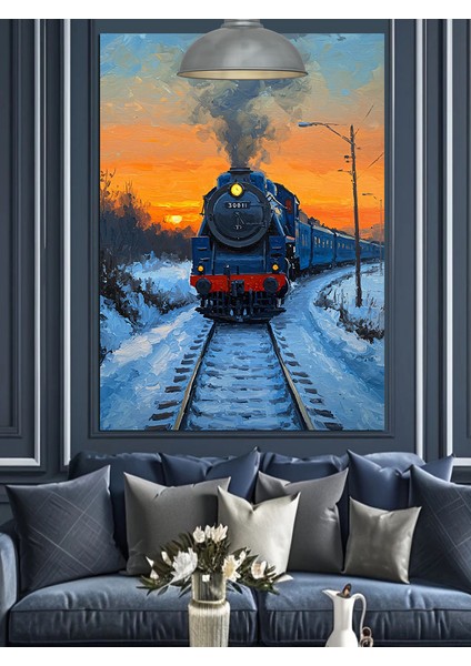 Kar,tren ,demir Yolu ve Gün Batımı Dekoratif Kanvas - Mdf Ahşap Tablo fırsatları