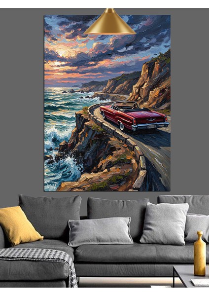 Dağ Yolundaki Retro Kırmızı Araba ve Deniz Manzarası Dekoratif Kanvas - Mdf Ahşap Tablo fiyatları