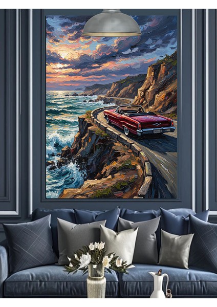 Dağ Yolundaki Retro Kırmızı Araba ve Deniz Manzarası Dekoratif Kanvas - Mdf Ahşap Tablo modelleri