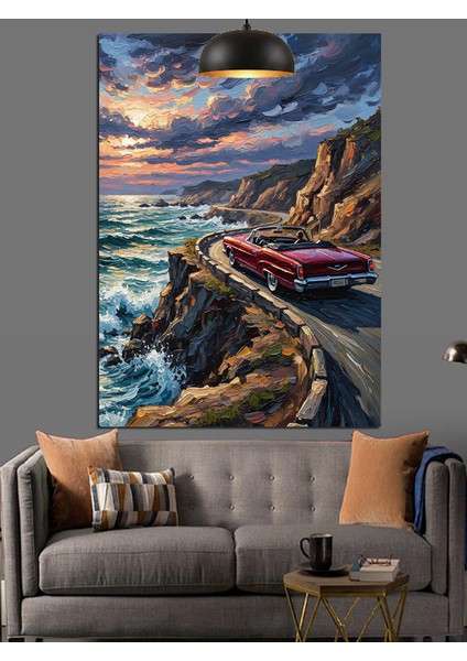 Dağ Yolundaki Retro Kırmızı Araba ve Deniz Manzarası Dekoratif Kanvas - Mdf Ahşap Tablo fırsatları
