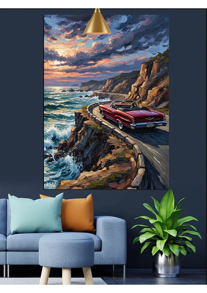 Dağ Yolundaki Retro Kırmızı Araba ve Deniz Manzarası Dekoratif Kanvas - Mdf Ahşap Tablo indirimleri