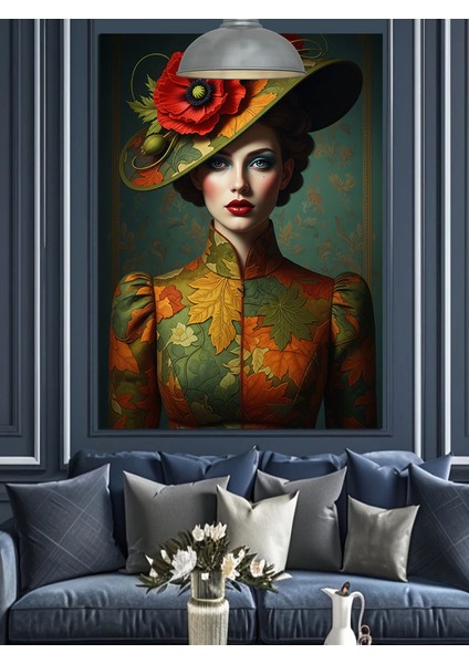 Şapkalı Kadın Vintage Portre Dekoratif Kanvas - Mdf Ahşap Tablo
