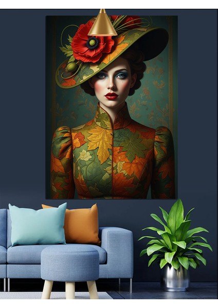 Şapkalı Kadın Vintage Portre Dekoratif Kanvas - Mdf Ahşap Tablo modelleri