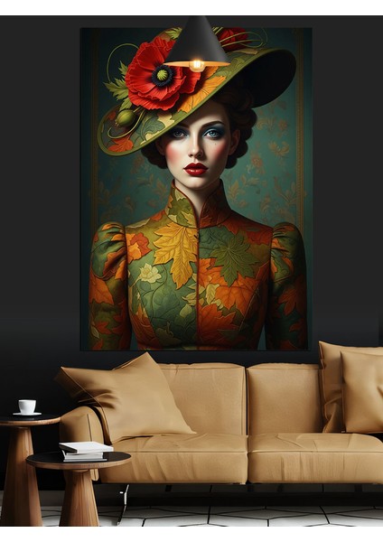 Şapkalı Kadın Vintage Portre Dekoratif Kanvas - Mdf Ahşap Tablo fırsatları