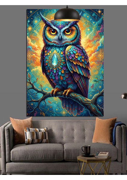 Büyük Renkli Baykuş ve Mavi Gece Dekoratif Kanvas - Mdf Ahşap Tablo