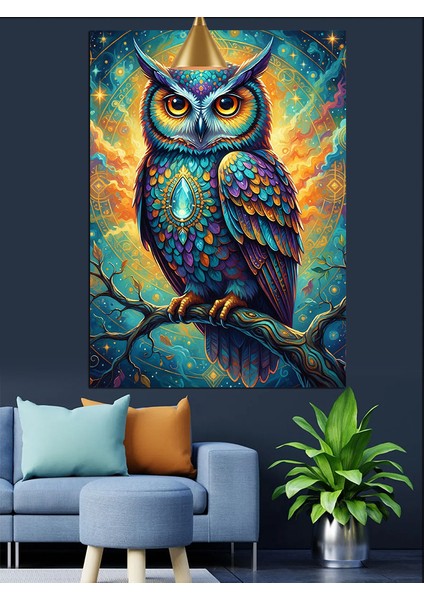 Büyük Renkli Baykuş ve Mavi Gece Dekoratif Kanvas - Mdf Ahşap Tablo fiyatları