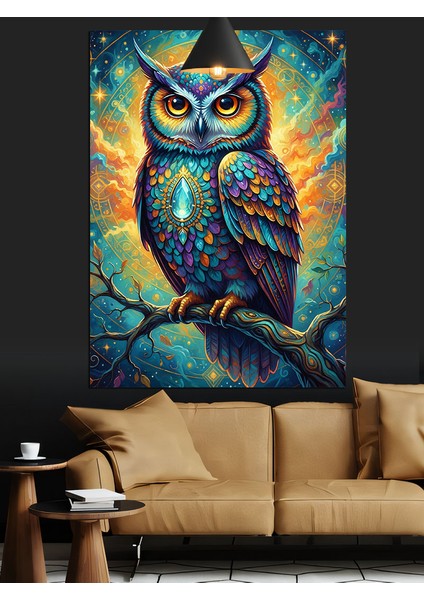 Büyük Renkli Baykuş ve Mavi Gece Dekoratif Kanvas - Mdf Ahşap Tablo modelleri