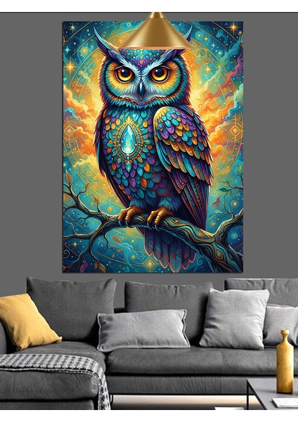 Büyük Renkli Baykuş ve Mavi Gece Dekoratif Kanvas - Mdf Ahşap Tablo fırsatları