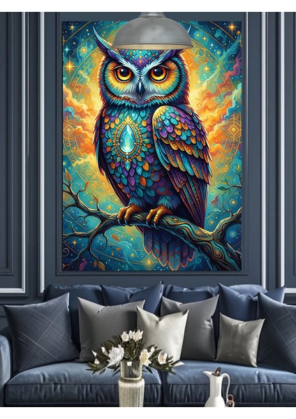 Büyük Renkli Baykuş ve Mavi Gece Dekoratif Kanvas - Mdf Ahşap Tablo indirimleri