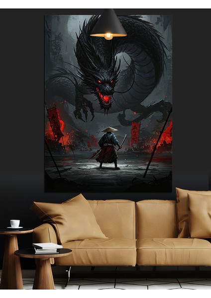 Siyah Beyaz ve Kırmızı Ejderha ve Savaşçı Dekoratif Kanvas - Mdf Ahşap Tablo