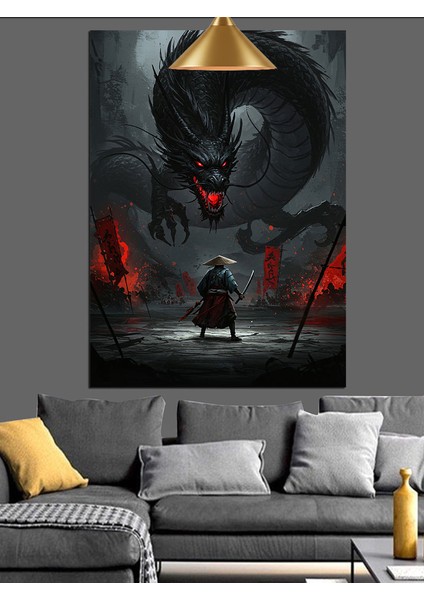 Siyah Beyaz ve Kırmızı Ejderha ve Savaşçı Dekoratif Kanvas - Mdf Ahşap Tablo fiyatları