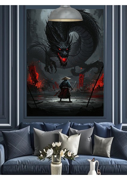 Siyah Beyaz ve Kırmızı Ejderha ve Savaşçı Dekoratif Kanvas - Mdf Ahşap Tablo modelleri