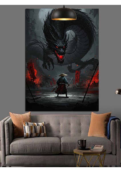 Siyah Beyaz ve Kırmızı Ejderha ve Savaşçı Dekoratif Kanvas - Mdf Ahşap Tablo fırsatları