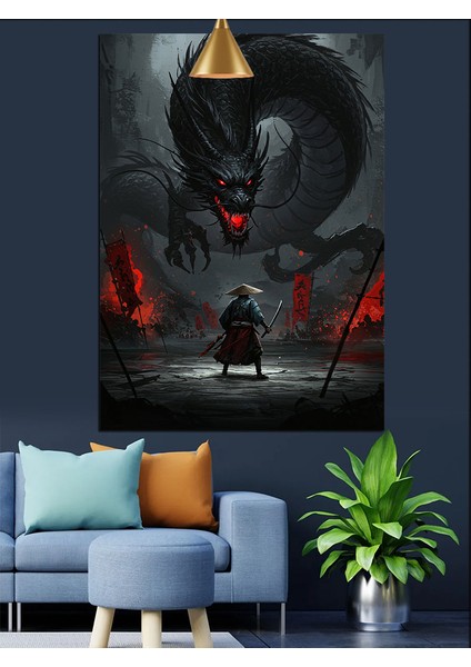 Siyah Beyaz ve Kırmızı Ejderha ve Savaşçı Dekoratif Kanvas - Mdf Ahşap Tablo indirimleri
