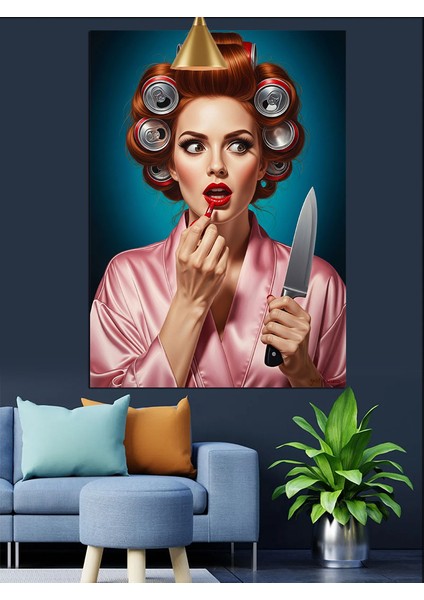 Pembe Sabahlıklı Bıçak Tutan Bigudili Retro Kadın Dekoratif Kanvas - Mdf Ahşap Tablo
