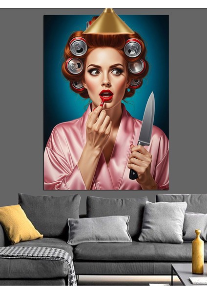 Pembe Sabahlıklı Bıçak Tutan Bigudili Retro Kadın Dekoratif Kanvas - Mdf Ahşap Tablo modelleri