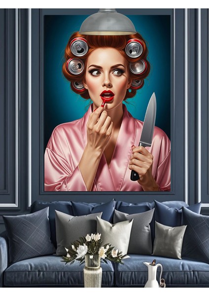Pembe Sabahlıklı Bıçak Tutan Bigudili Retro Kadın Dekoratif Kanvas - Mdf Ahşap Tablo fırsatları