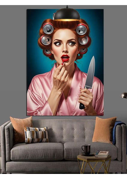 Pembe Sabahlıklı Bıçak Tutan Bigudili Retro Kadın Dekoratif Kanvas - Mdf Ahşap Tablo indirimleri