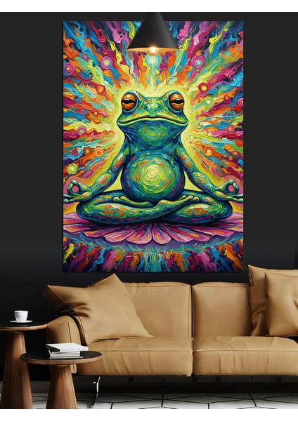 Meditasyon Yapan Kurbağa Renkli Dekoratif Kanvas - Mdf Ahşap Tablo