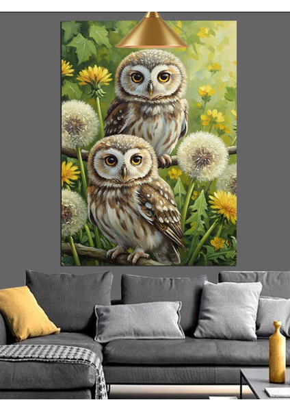 Baykuşlar ve Karahindiba Dekoratif Kanvas - Mdf Ahşap Tablo