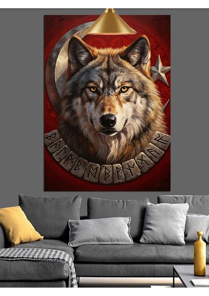 Türk Bayrağı ve Bozkurt Dekoratif Kanvas - Mdf Ahşap Tablo