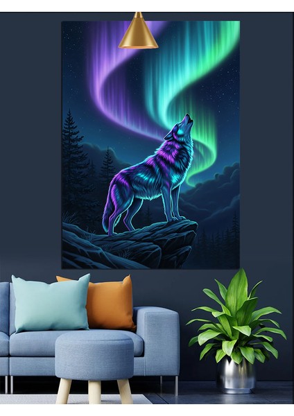 Kutup Işıkları ve Uluyan Kurt Gece Manzarası Dekoratif Kanvas - Mdf Ahşap Tablo