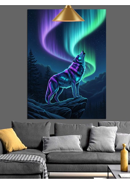 Kutup Işıkları ve Uluyan Kurt Gece Manzarası Dekoratif Kanvas - Mdf Ahşap Tablo modelleri