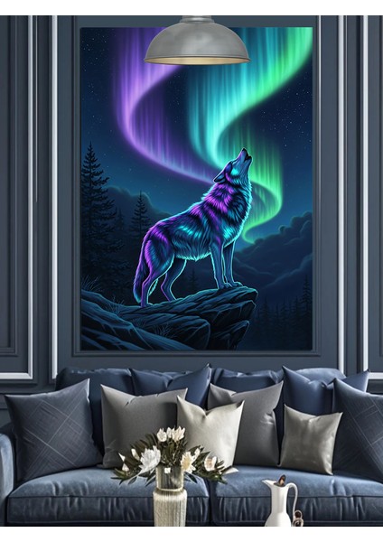 Kutup Işıkları ve Uluyan Kurt Gece Manzarası Dekoratif Kanvas - Mdf Ahşap Tablo fırsatları