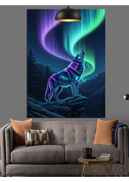 Kutup Işıkları ve Uluyan Kurt Gece Manzarası Dekoratif Kanvas - Mdf Ahşap Tablo indirimleri