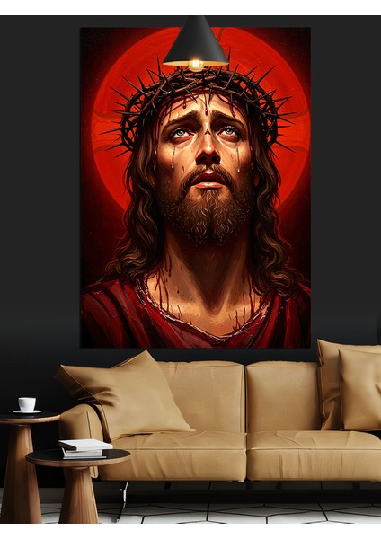 Isa Mesih Yüz Portresi Kırmızı Fon Dekoratif Kanvas - Mdf Ahşap Tablo