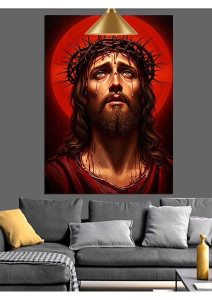 Isa Mesih Yüz Portresi Kırmızı Fon Dekoratif Kanvas - Mdf Ahşap Tablo fiyatları