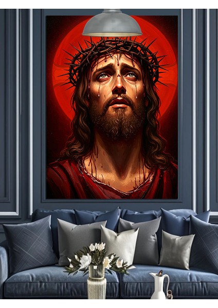 Isa Mesih Yüz Portresi Kırmızı Fon Dekoratif Kanvas - Mdf Ahşap Tablo modelleri