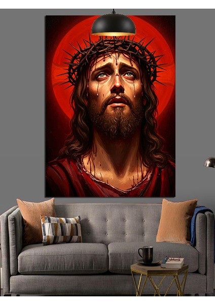 Isa Mesih Yüz Portresi Kırmızı Fon Dekoratif Kanvas - Mdf Ahşap Tablo fırsatları