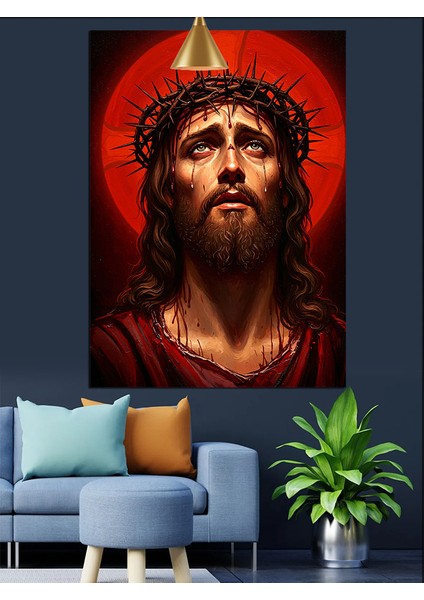 Isa Mesih Yüz Portresi Kırmızı Fon Dekoratif Kanvas - Mdf Ahşap Tablo indirimleri
