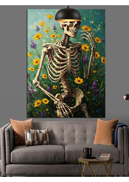 Sarı Çiçekler Içindeki Iskelet Figür Dekoratif Kanvas - Mdf Ahşap Tablo